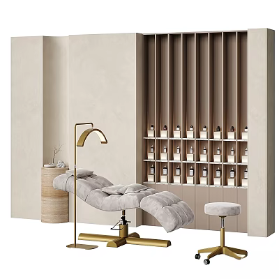 Medical Treatment Table In Modern Beauty Clinic Interior With Wooden Shelf And Bottled Products 3d model