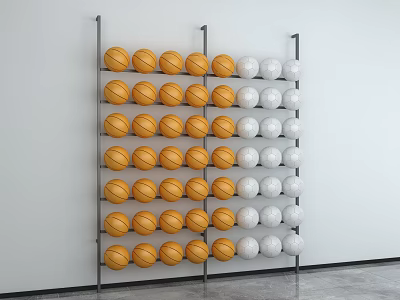 Wall Mounted Storage Rack for Sports Equipment with Neatly Arranged Orange and White Basketballs 3d model