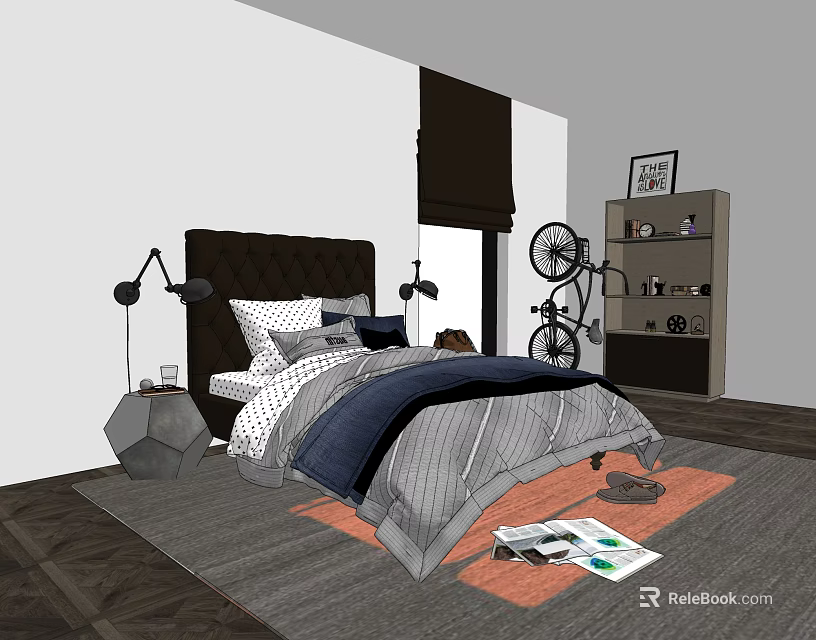 Double Bed with Dark Headboard Blue Gray Bedding Nightstand Lamp Bookshelf and Gray Rug 3d model 