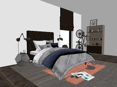 Double Bed with Dark Headboard Blue Gray Bedding Nightstand Lamp Bookshelf and Gray Rug 3d model