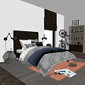 Double Bed with Dark Headboard Blue Gray Bedding Nightstand Lamp Bookshelf and Gray Rug