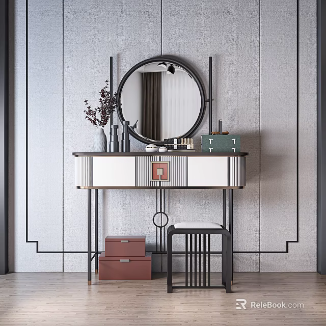 Modern Dressing Table with Round Mirror Decorative Vase Drawers and Stool on Geometric Wall 3d model 