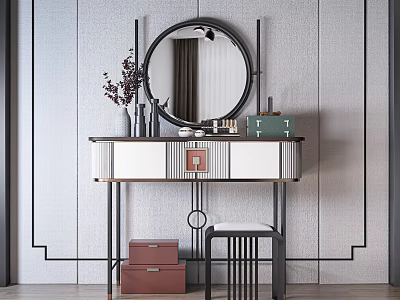 Modern Dressing Table with Round Mirror Decorative Vase Drawers and Stool on Geometric Wall 3d model