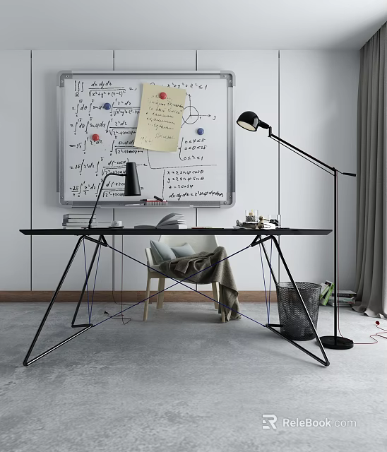 Modern Office Desk With Table Lamp Whiteboard Math Equations Sticky Notes And Floor Lamp 3d model