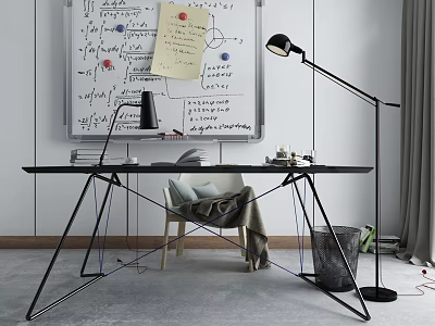 Modern Office Desk With Table Lamp Whiteboard Math Equations Sticky Notes And Floor Lamp 3d model