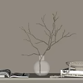 Decorative Ornament Set with Clear Glass Vase Twig Branches White Bowl and Books on Shelf
