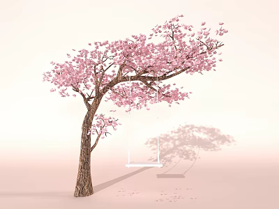 Beautiful Cherry Blossom Tree With Pink Flowers White Swing And Scattered Petals 3d model