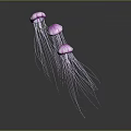Three Purple Jellyfish With Long Tentacles Swimming In Gray Background
