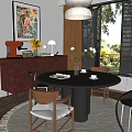 Modern Restaurant Interior With Round Dining Table Chairs Pendant Lamp Cabinet Flowers And Natural Light