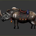 Decorated Brown And White Rhinoceros With Saddle Armor And Flame Decorations