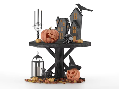 Halloween Decorative Ornament Set With Pumpkin Lanterns Black Houses Crow Witch Hat And Skull 3d model