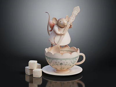 Adorable Decorative Mouse Standing On Ceramic Teacup Holding Biscuit And Sugar Cubes 3d model