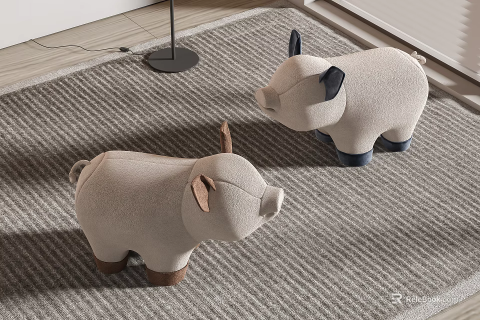 Cute Pig Shaped Beige Stools With Brown Ears And Blue Feet For Home Decor 3d model 