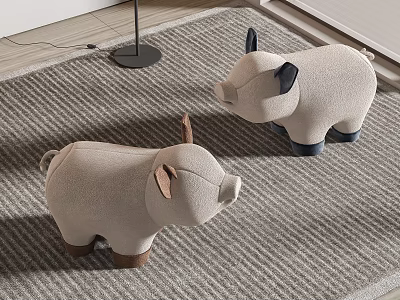 Cute Pig Shaped Beige Stools With Brown Ears And Blue Feet For Home Decor 3d model