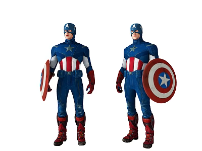 Two Captain America Iconic Movie Characters Wearing Blue Uniform Red Boots And Shield 3d model
