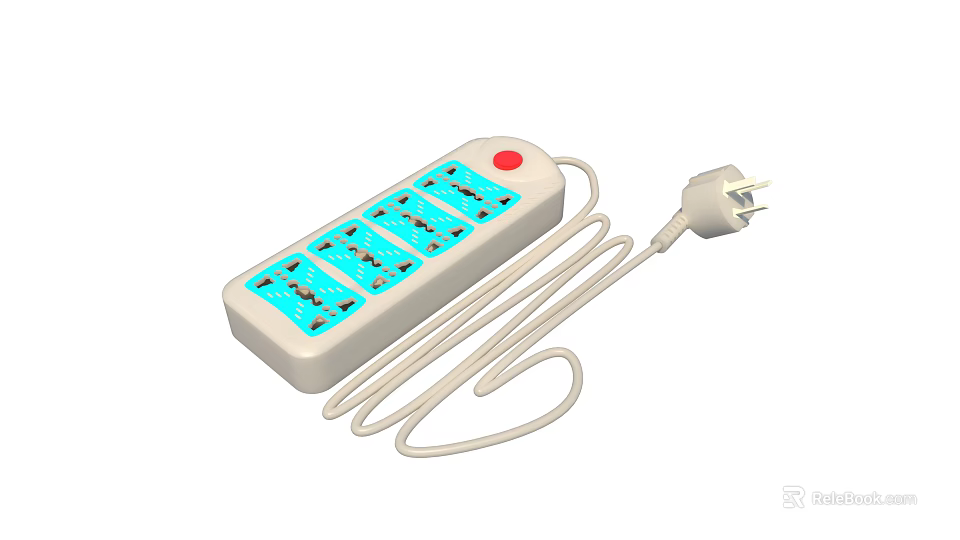 White Switch Panel with Multiple Sockets Red Switch and Power Cord for Home Office Use 3d model 