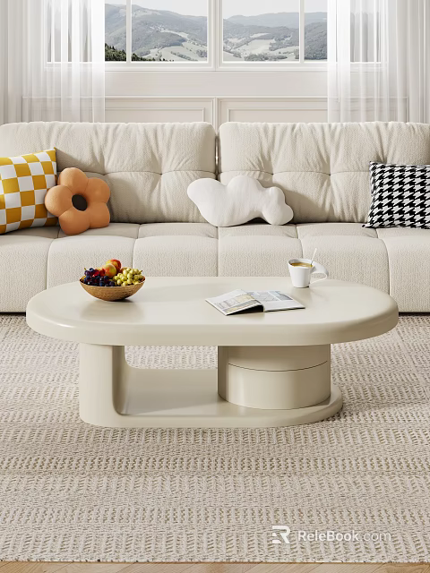 Beige Sofa With Decorative Pillows And Oval Coffee Table Set Featuring Fruit Basket Magazine 3d model 