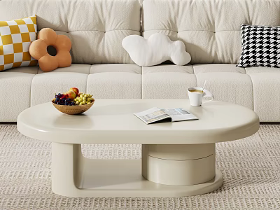 Beige Sofa With Decorative Pillows And Oval Coffee Table Set Featuring Fruit Basket Magazine 3d model