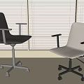 Modern Black and White Office Chairs with Armrests and Wheels Near Window Blinds