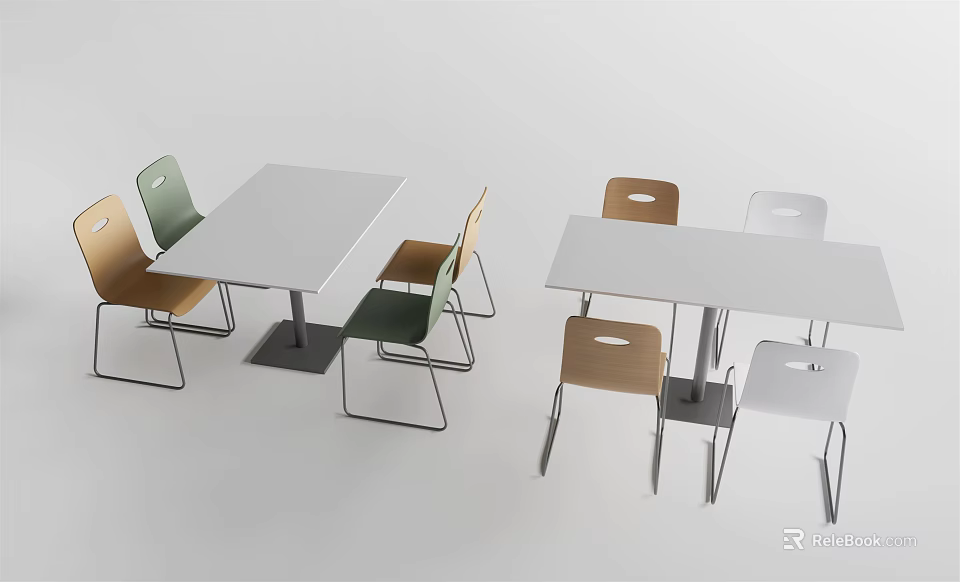 Modern Dining Table Set with White Tabletop and Multicolor Metal Frame Chairs 3d model