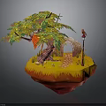 Colorful 3D Floating Island Scene With Tree Path Archway And Red Bird