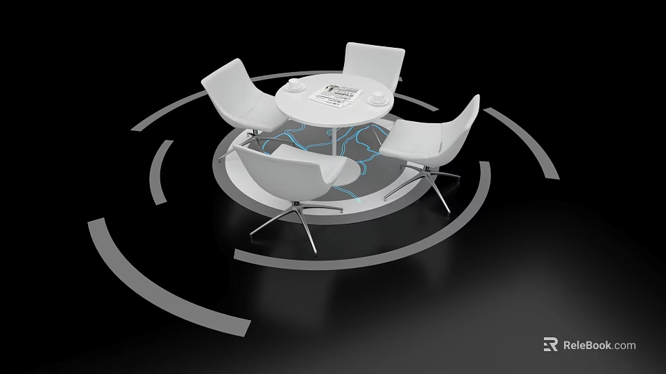 Modern White Negotiation Table and Chairs with Round Top and Metal Legs 3d model 