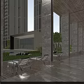 Elevator Corridor With Tall Columns Grey Tiled Floor Lounge Chairs Green Plants And Swimming Pool