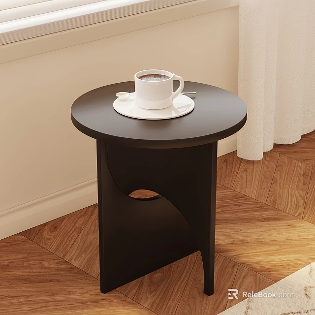 Modern Black Round Top Side Table With White Coffee Cup On Wooden Floor 3d model 