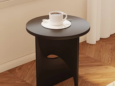 Modern Black Round Top Side Table With White Coffee Cup On Wooden Floor 3d model