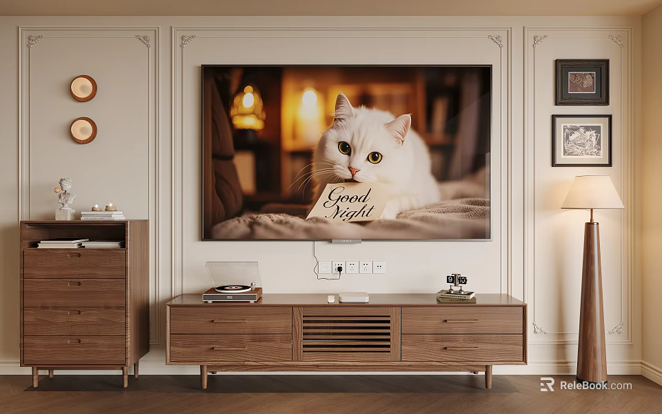 Modern Wooden TV Stand In Living Room With TV Decorations And Lamps 3d model 