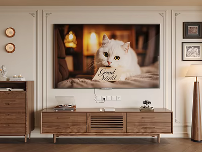Modern Wooden TV Stand In Living Room With TV Decorations And Lamps 3d model