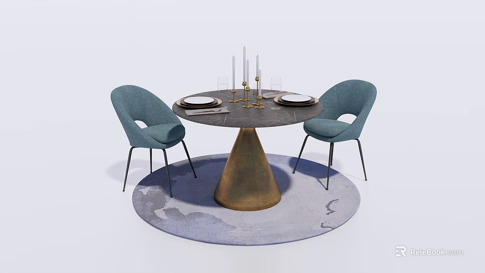Round Dining Table Set With Blue Chairs Golden Cone Base And Gray Patterned Rug 3d model