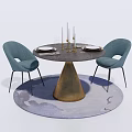 Round Dining Table Set With Blue Chairs Golden Cone Base And Gray Patterned Rug 3d model