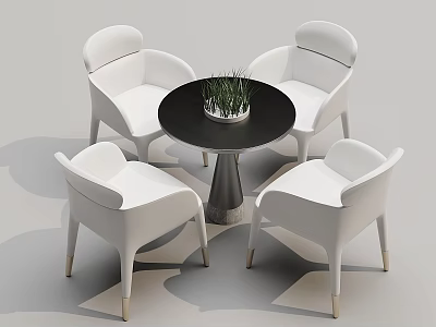 Stylish Modern Round Table With Four White Chairs And Small Plant 3d model