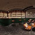 Modern Cafe Interior Design With Green Furniture Wooden Bar Hanging Lamps And Colorful Cushions