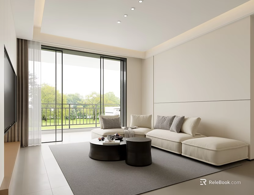 Modern Living Dining Room With Open Layout Floor to Ceiling Windows Sofa and Coffee Tables 3d model 