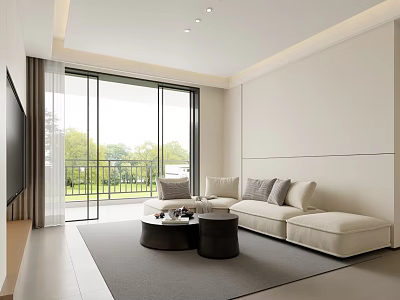 Modern Living Dining Room With Open Layout Floor to Ceiling Windows Sofa and Coffee Tables 3d model