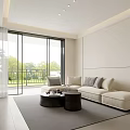 Modern Living Dining Room With Open Layout Floor to Ceiling Windows Sofa and Coffee Tables