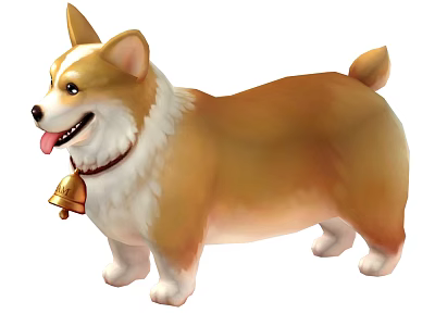 Happy Brown And White Corgi Dog With Bell Collar Standing Pose 3d model