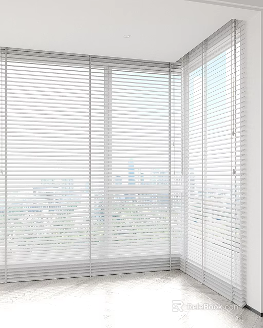 White Window Blinds Covering Large Modern Windows With City Skyline View 3d model