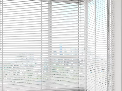 White Window Blinds Covering Large Modern Windows With City Skyline View 3d model