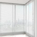 White Window Blinds Covering Large Modern Windows With City Skyline View 3d model