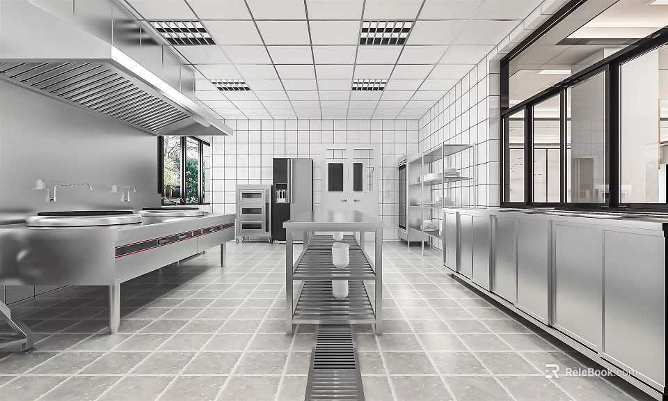 Commercial Restaurant Kitchen With Stainless Steel Worktables Tiled Walls Windows And Ceiling Lights 3d model 