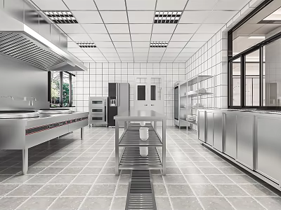 Commercial Restaurant Kitchen With Stainless Steel Worktables Tiled Walls Windows And Ceiling Lights 3d model