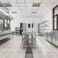 Commercial Restaurant Kitchen With Stainless Steel Worktables Tiled Walls Windows And Ceiling Lights