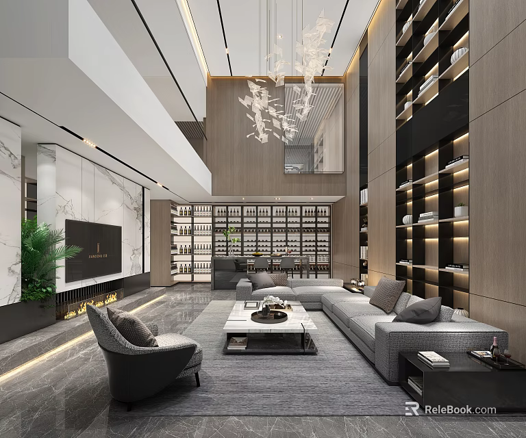 Modern Basement Interior With Sofa Bookshelves Chandelier And Coffee Table Design 3d model 