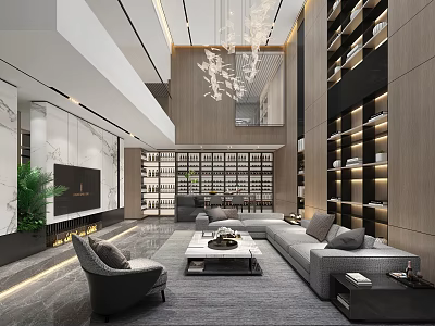 Modern Basement Interior With Sofa Bookshelves Chandelier And Coffee Table Design 3d model