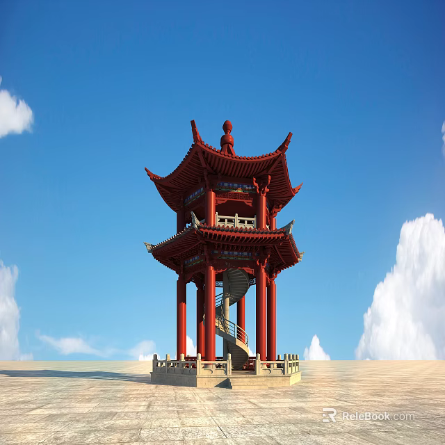 Red Chinese Traditional Pavilion Featuring Multi Layered Eaves Against Blue Sky With White Clouds 3d model 