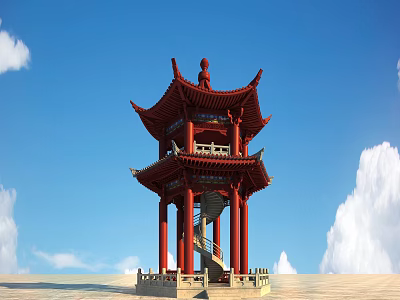 Red Chinese Traditional Pavilion Featuring Multi Layered Eaves Against Blue Sky With White Clouds 3d model