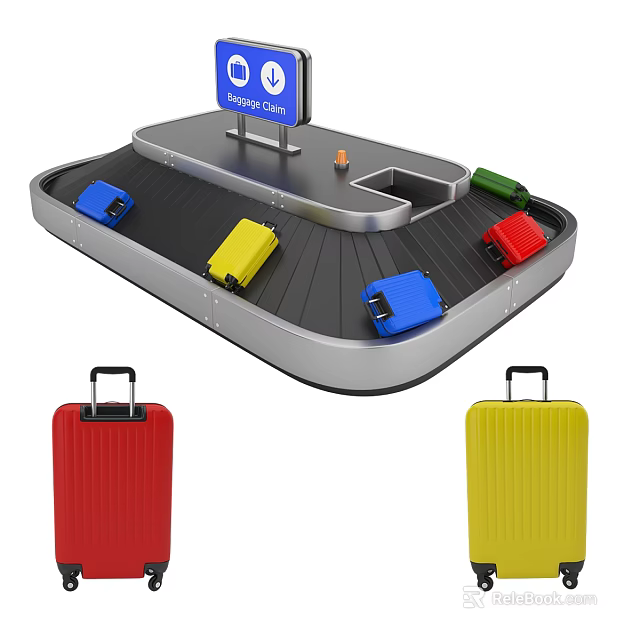 Airport Luggage Conveyor Belt System with Various Colored Suitcases and Digital 3d model 